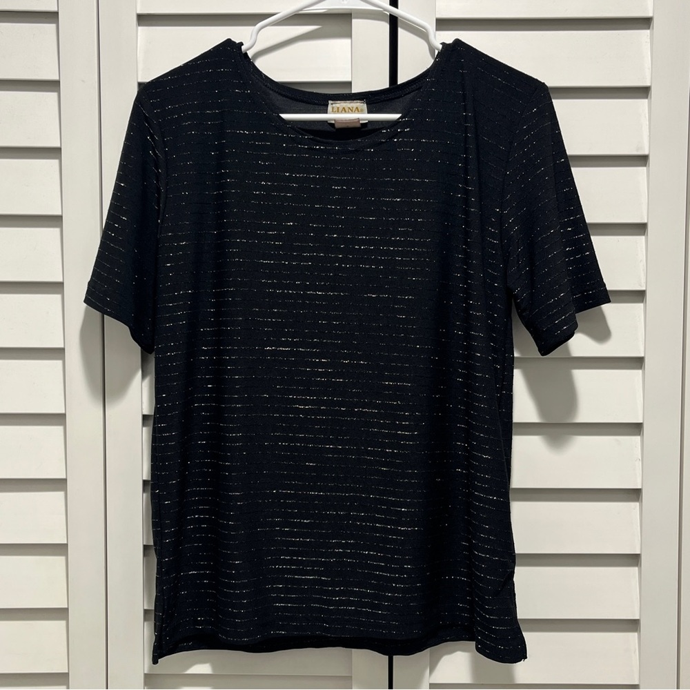 Vintage 90s Y2K black silver evening top small Liana short‎ sleeve stretchy top